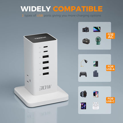 Tessan Estación de Carga Vertical 9 en 1 30W 1250W Blanca USB AC