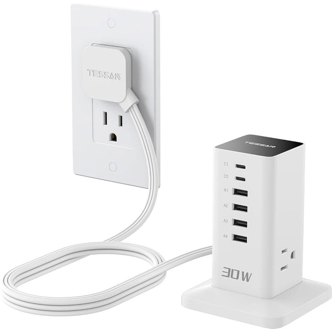 Tessan Estación de Carga Vertical 9 en 1 30W 1250W Blanca USB AC