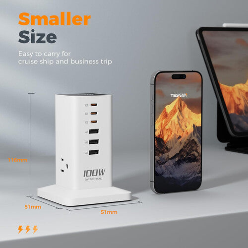 Tessan 9 en 1 100W Estación de Carga Vertical USB y AC Blanca 9 Puertos