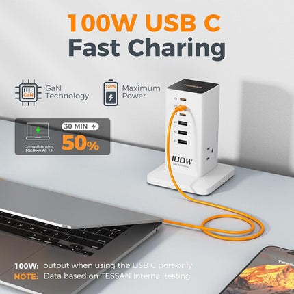 Tessan 9 en 1 100W Estación de Carga Vertical USB y AC Blanca 9 Puertos