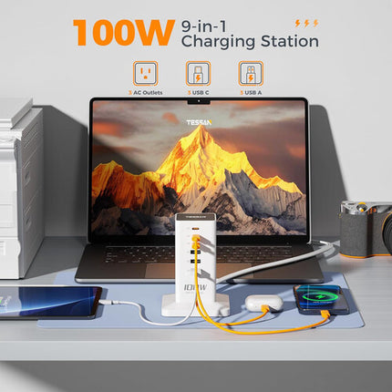 Tessan 9 en 1 100W Estación de Carga Vertical USB y AC Blanca 9 Puertos