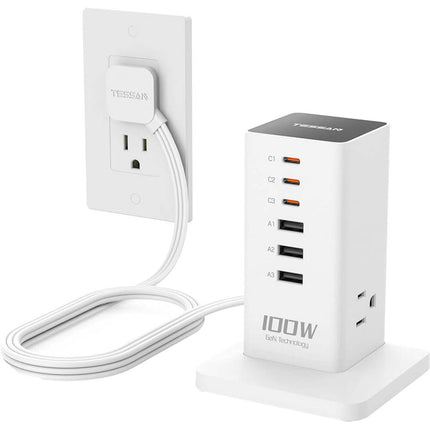 Tessan 9 en 1 100W Estación de Carga Vertical USB y AC Blanca 9 Puertos