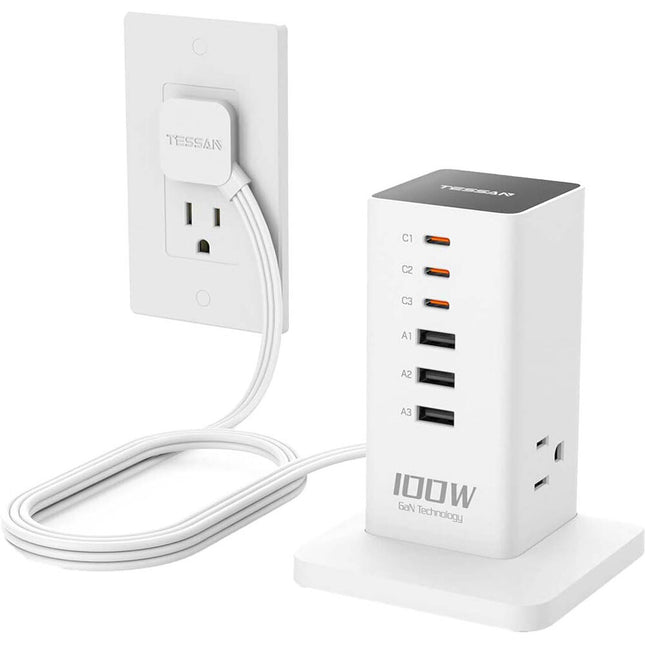 Tessan 9 en 1 100W Estación de Carga Vertical USB y AC Blanca 9 Puertos