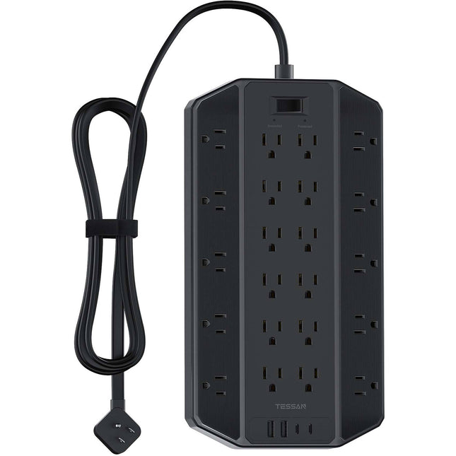 Tessan Protector de Sobretensión 22 Tomas 2 USB-A 2 USB-C 4000 Joules 6ft Negro