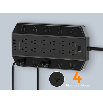 Tessan Protector de Sobretensión 22 Tomas 2 USB-A 2 USB-C 4000 Joules 6ft Negro