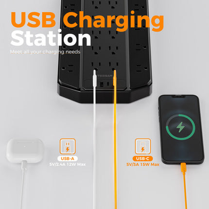 Tessan Protector de Sobretensión 22 Tomas 2 USB-A 2 USB-C 4000 Joules 6ft Negro