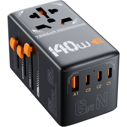 Tessan Adaptador de Viaje Universal GaN 140W con 1 Enchufe AC 3 Puertos USB-C y 1 USB-A