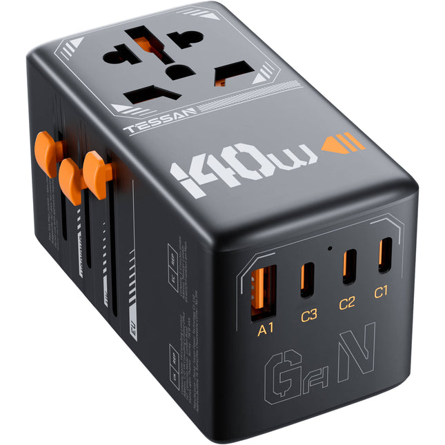 Tessan Adaptador de Viaje Universal GaN 140W con 1 Enchufe AC 3 Puertos USB-C y 1 USB-A