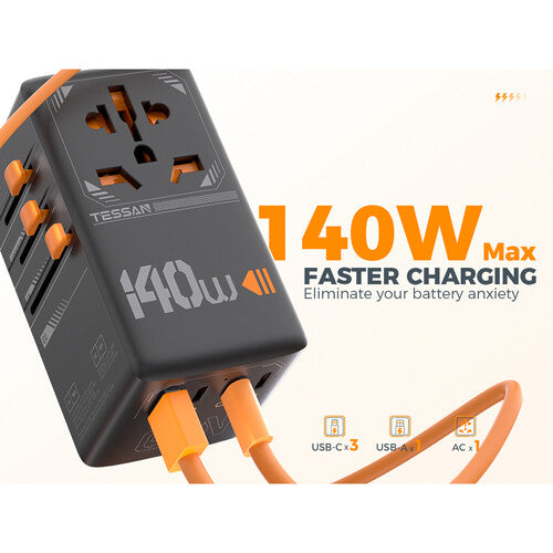 Tessan Adaptador de Viaje Universal GaN 140W con 1 Enchufe AC 3 Puertos USB-C y 1 USB-A
