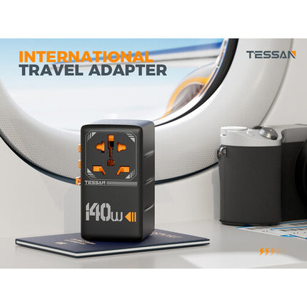 Tessan Adaptador de Viaje Universal GaN 140W con 1 Enchufe AC 3 Puertos USB-C y 1 USB-A
