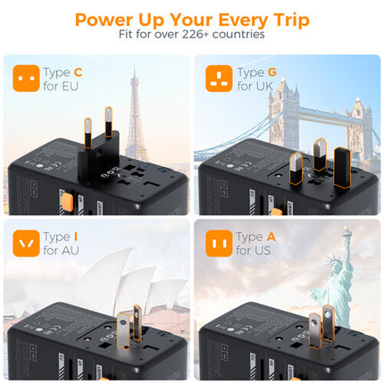 Tessan Adaptador de Viaje Universal GaN 140W con 1 Enchufe AC 3 Puertos USB-C y 1 USB-A