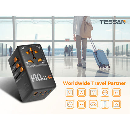 Tessan Adaptador de Viaje Universal GaN 140W con 1 Enchufe AC 3 Puertos USB-C y 1 USB-A