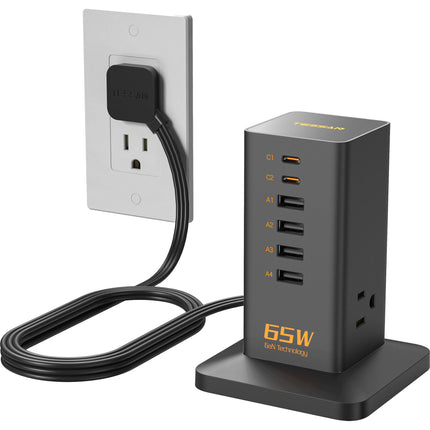 Tessan estación de carga vertical 9 en 1 65W con 2 USB-C y 3 salidas AC negra