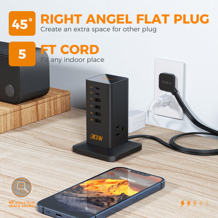 Tessan Estación de Carga Vertical 9 en 1 30W 1250W USB AC Negra