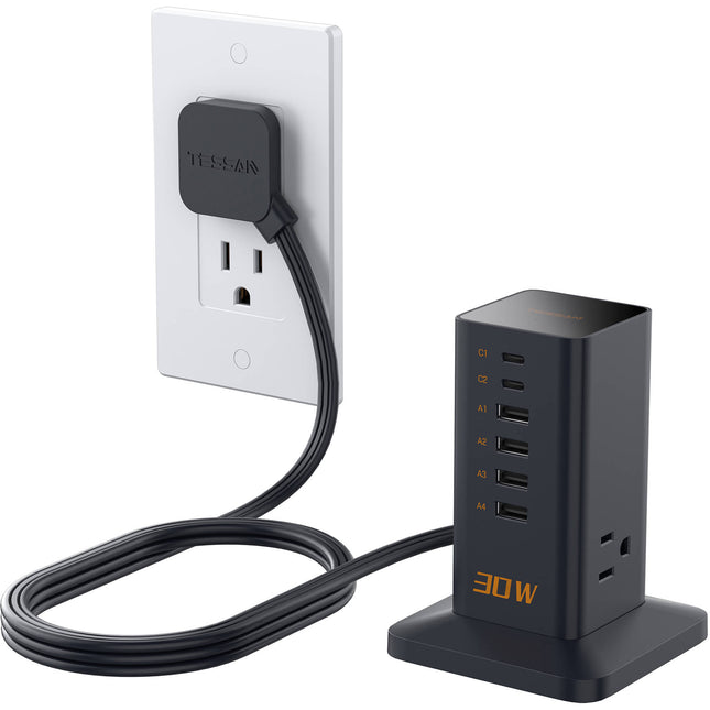 Tessan Estación de Carga Vertical 9 en 1 30W 1250W USB AC Negra