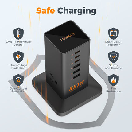 Tessan Estación de Carga Vertical 9 en 1 100W USB y AC Negra