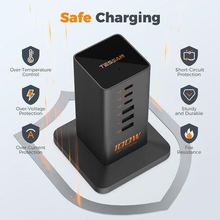 Tessan 6 en 1 Estación de Carga USB 100W 3 USB-C 3 USB-A