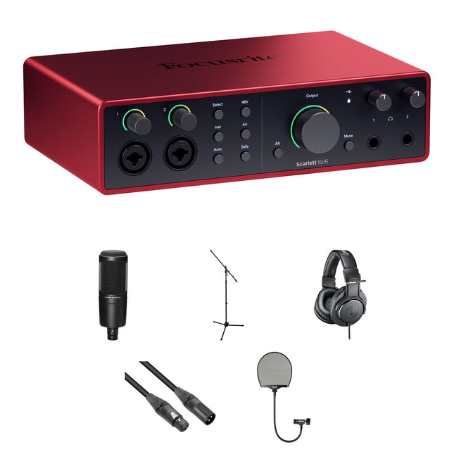 Focusrite Scarlett 16i16 USB-C interfaz audio MIDI 24-Bit 192kHz kit completo con micrófono condensador AT2020