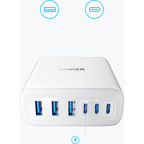 Estación de carga Anker 112W 6 puertos USB-C USB-A blanca con organizador de cables de silicona