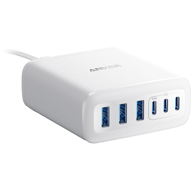 Estación de carga Anker 112W 6 puertos USB-C USB-A blanca con organizador de cables de silicona