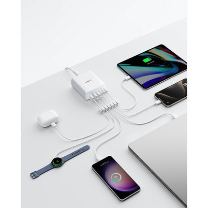 Estación de carga Anker 112W 6 puertos USB-C USB-A blanca con organizador de cables de silicona