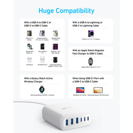Estación de carga Anker 112W 6 puertos USB-C USB-A blanca con organizador de cables de silicona