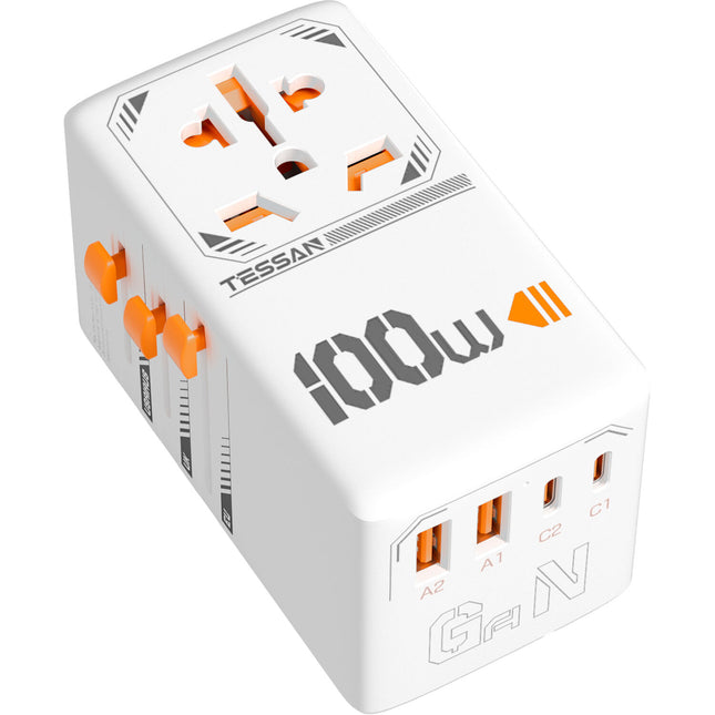 Tessan Adaptador de Viaje Universal GaN 1 Enchufe AC 3 USB-C 2 USB-A 100W