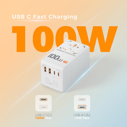 Tessan Adaptador de Viaje Universal GaN 1 Enchufe AC 3 USB-C 2 USB-A 100W