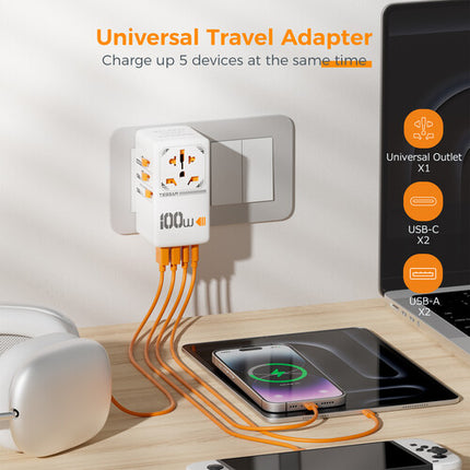 Tessan Adaptador de Viaje Universal GaN 1 Enchufe AC 3 USB-C 2 USB-A 100W