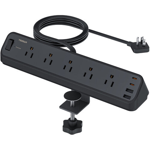 Tessan Protector de Sobretensión con 5 Salidas 2 USB-C 2 USB-A 2100 Joules 6ft Clip de Escritorio