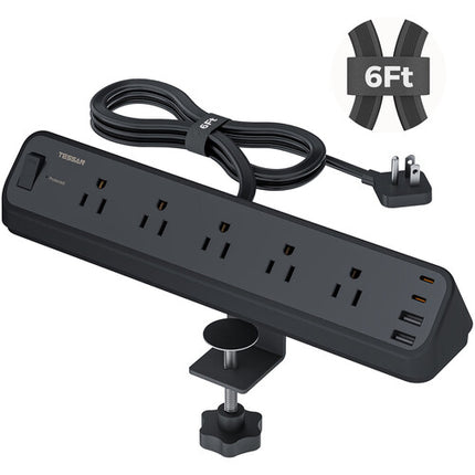 Tessan Protector de Sobretensión con 5 Salidas 2 USB-C 2 USB-A 2100 Joules 6ft Clip de Escritorio