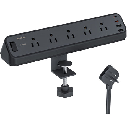 Tessan Protector de Sobretensión con 5 Salidas 2 USB-C 2 USB-A 2100 Joules 6ft Clip de Escritorio