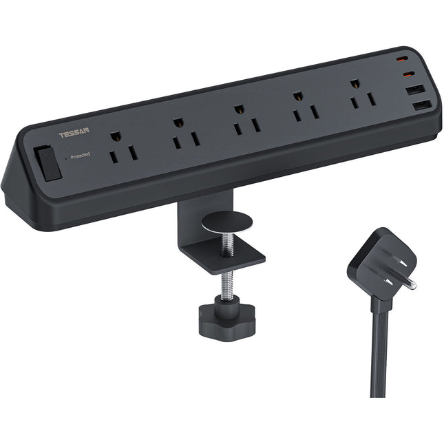 Tessan Protector de Sobretensión con 5 Salidas 2 USB-C 2 USB-A 2100 Joules 6ft Clip de Escritorio