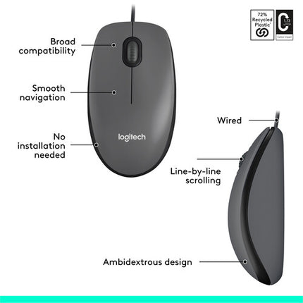 Logitech M100 Ratón Óptico USB 1000 dpi Compatible Mac Windows Linux