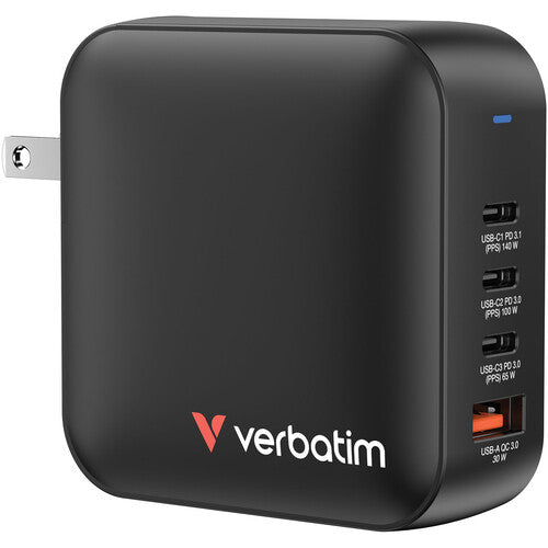 Verbatim Cargador de Pared GaN 165W 4 Puertos con 140W y 100W PD y Adaptadores EU UK