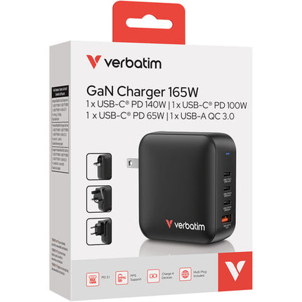 Verbatim Cargador de Pared GaN 165W 4 Puertos con 140W y 100W PD y Adaptadores EU UK