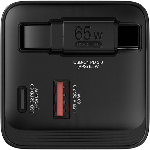 Verbatim Cargador USB GaN 65W 2 Puertos con Cable Retráctil 31.5 pulgadas y Adaptadores EU UK