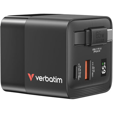 Verbatim Cargador USB GaN 65W 2 Puertos con Cable Retráctil 31.5 pulgadas y Adaptadores EU UK
