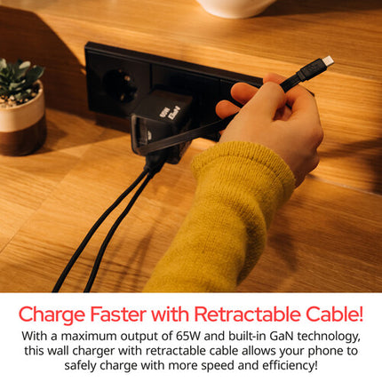 Verbatim Cargador USB GaN 65W 2 Puertos con Cable Retráctil 31.5 pulgadas y Adaptadores EU UK