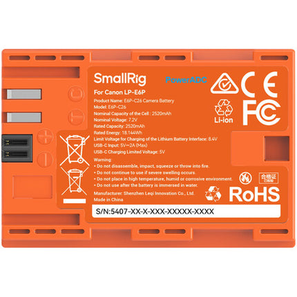 SmallRig LP-E6P Batería USB-C 2520mAh para Canon Cámaras Naranja