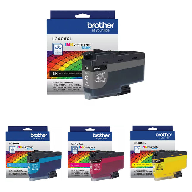 Brother LC406XL Kit de Cartuchos de Tinta 4 Colores Alto Rendimiento para Impresoras INKvestment Tank MFC-J4345DW J6955DW