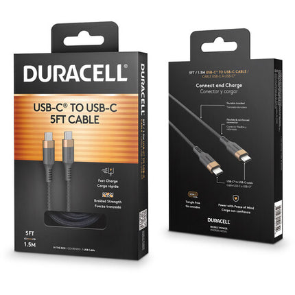 Cable Duracell USB-C 5 pies con conector USB-C en ambos extremos para carga y sincronización