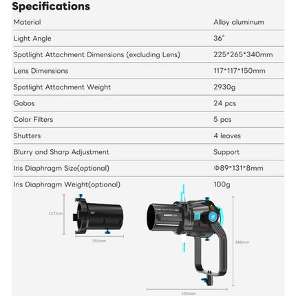 DigitalFoto Solution Limited Proyector con Lente 36° Montura Bowens 24 Gobos 5 Filtros de Color