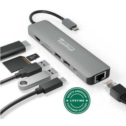 Plugable USB-C Estación de Acoplamiento 7 en 1 con Ethernet 4K 60Hz 87W Pass-Through