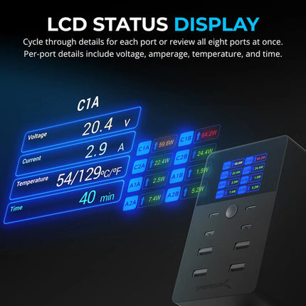 Sabrent 252W Estación de Carga USB de Escritorio 8 Puertos con Pantalla 100W USB-C 18W USB-A
