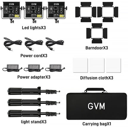 GVM 800D Panel LED RGB 40W 10.6x10.3" Kit 3 Luces con Barndoors y Estuche
