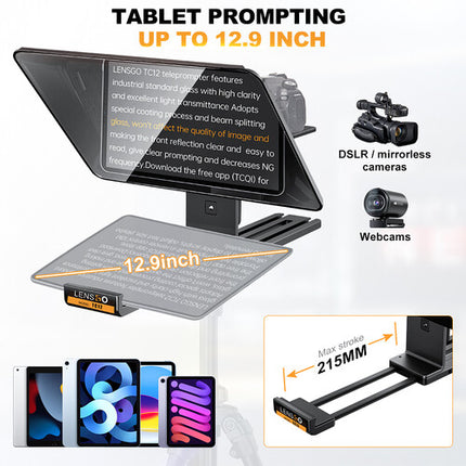 LENSGO TC12 Teleprompter para Smartphones y Cámaras con vidrio 70/30 y control Bluetooth