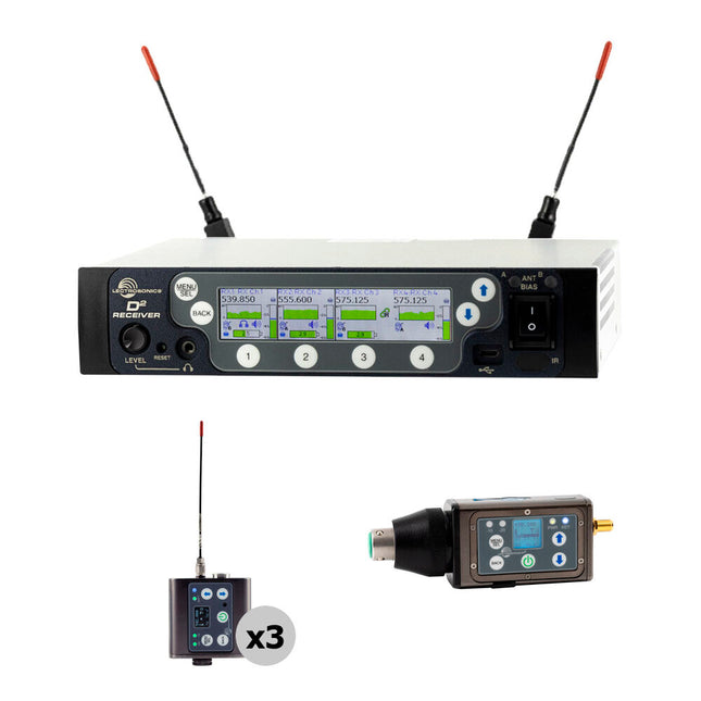 Lectrosonics DSQD Receptor Inalámbrico 4 Canales Dante 138 MHz Amplio Rango 1 Transmisor Plug-On y 3 Bodypack Dual-Batería