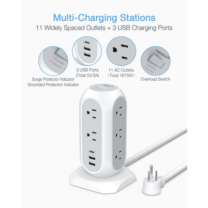 Tessan Protector de Sobretensión Torre 11 Salidas 3 Puertos USB 6 Pies
