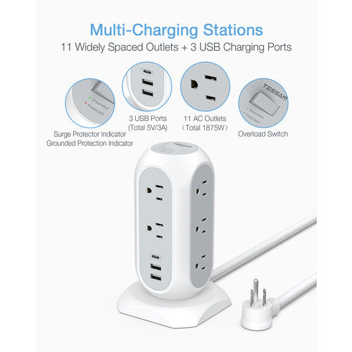 Tessan Protector de Sobretensión Torre 11 Salidas 3 Puertos USB 6 Pies